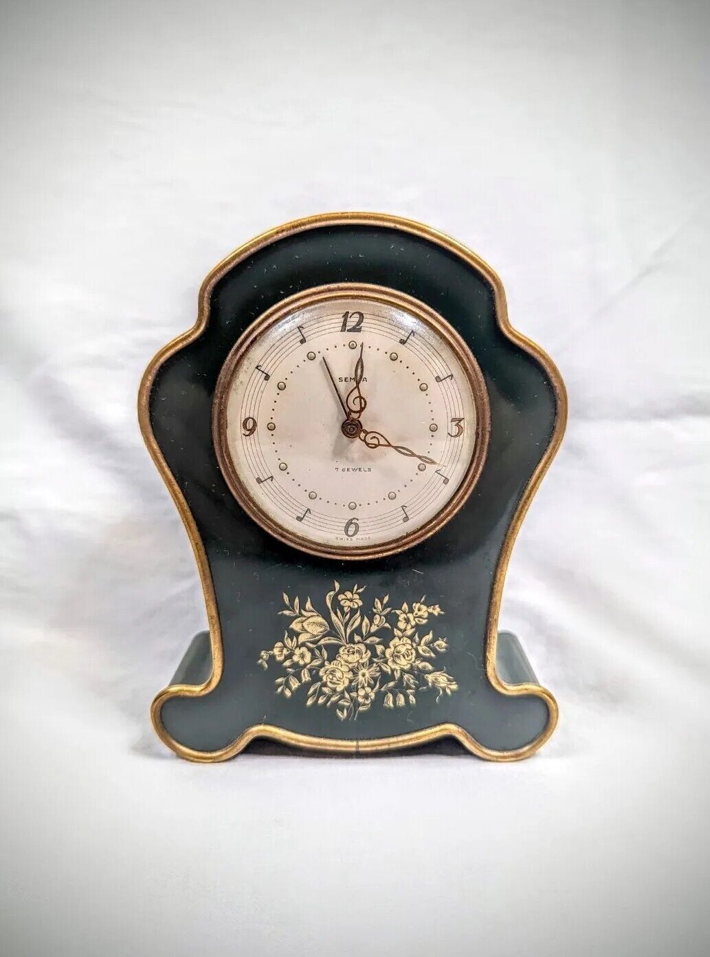 Rare Clock Semca Brass Desk 7 Jewels Swiss Made Mid Century Vintage Music Alarm