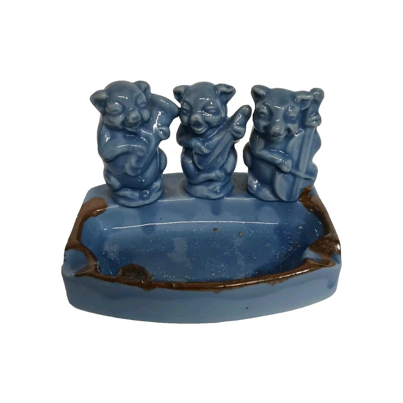 VINTAGE BLUE CERAMIC ASHTRAY 3 LITTLE PIGS WITH MUSICAL INSTRUMENTS JAPAN
