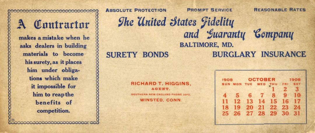 United States Fidelity and Guaranty Co. - 1908 dated Insurance - Insurance