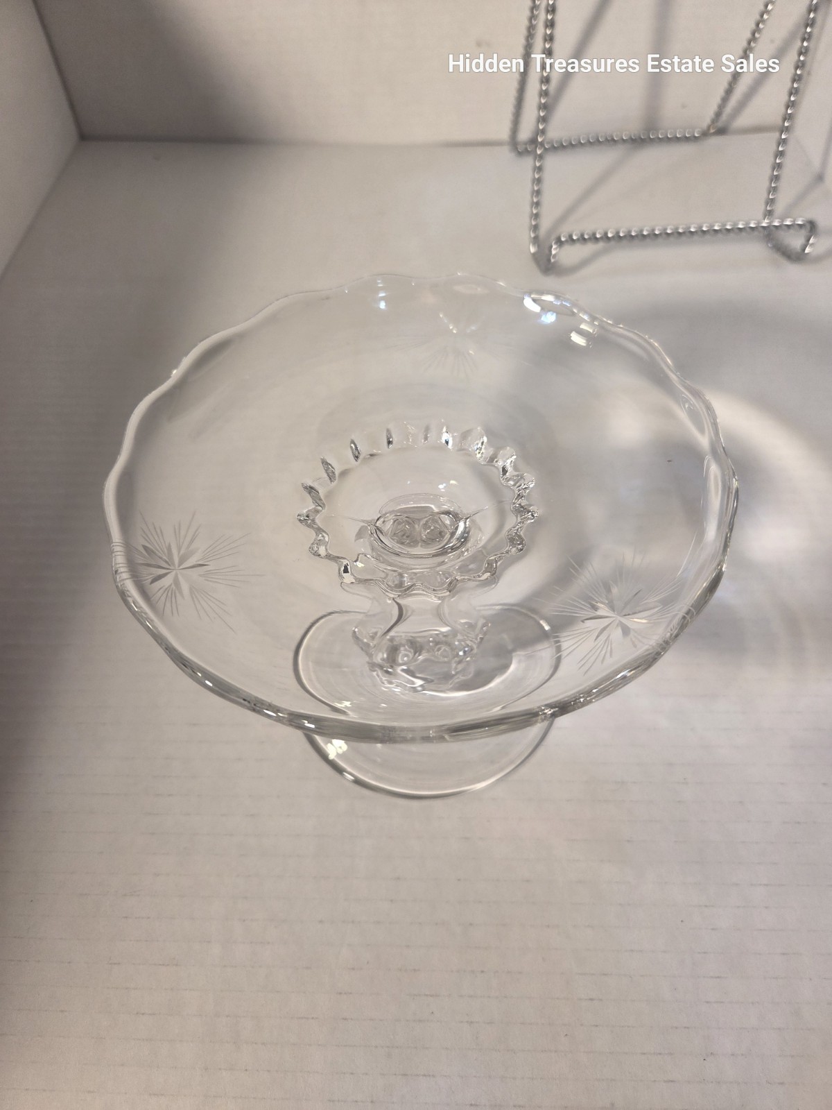 Vintage Sevron Starfire Footed Compote, Clear Etched Glass 6.25\