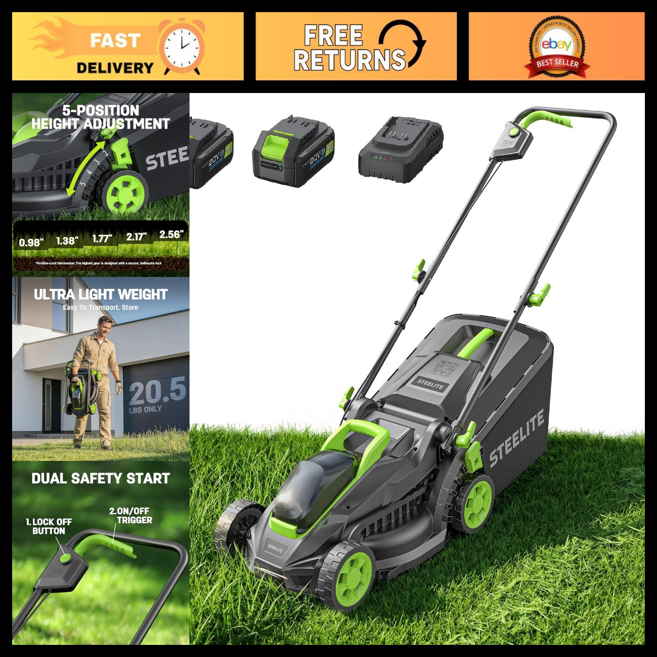 STEELITE 20V 13-Inch Electric Lawn Mower with 2 x 4.0Ah Batteries & Charger, Bat