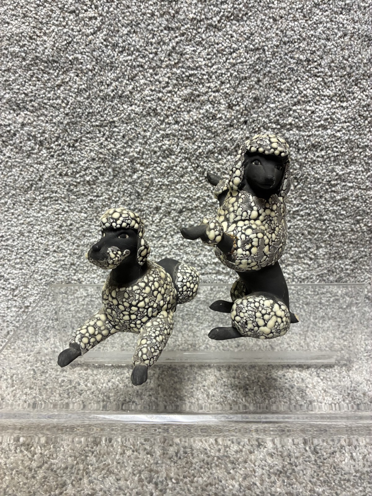 Vintage MCM Ceramic Poodle Dog Figurine Pair Spaghetti Textured Kitsch 1950s
