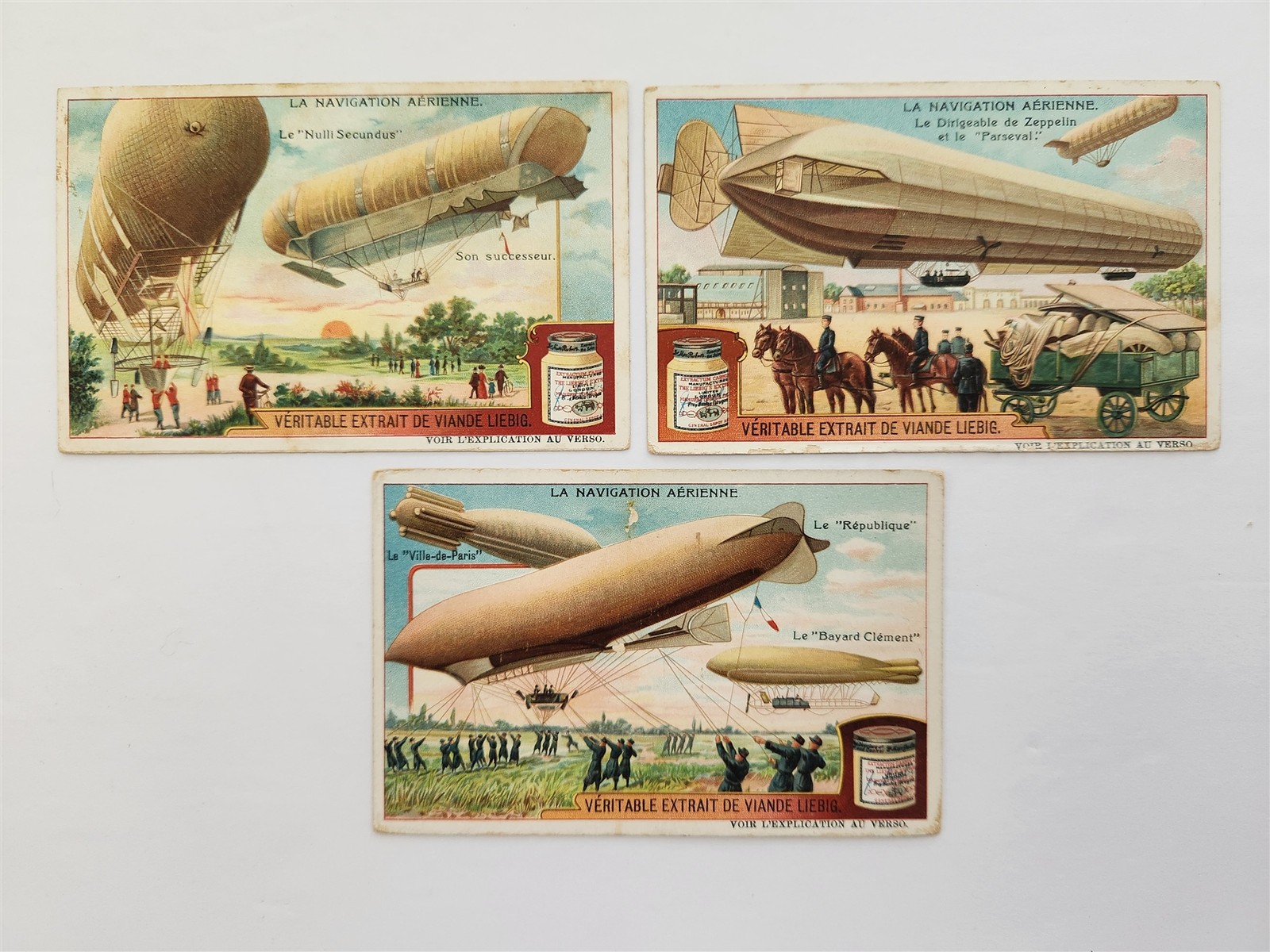 1909 antique LIEBIG AVIATION DIRIGIBLE ZEPPELIN airship set 3 TRADE CARD SET