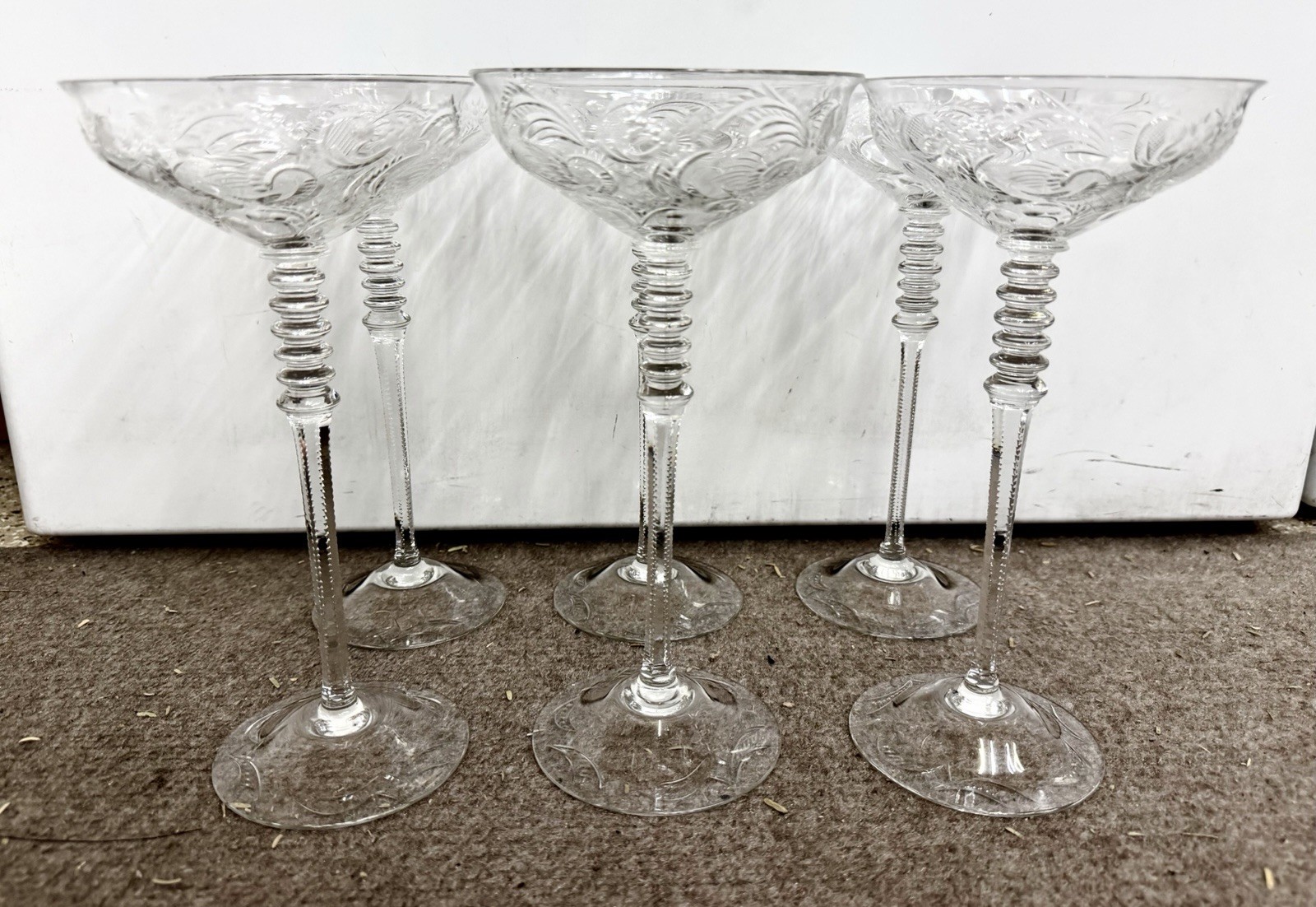 Set of 7 Stevens & Williams Etched Crystal Sherbet Wine Glasses Extra Tall