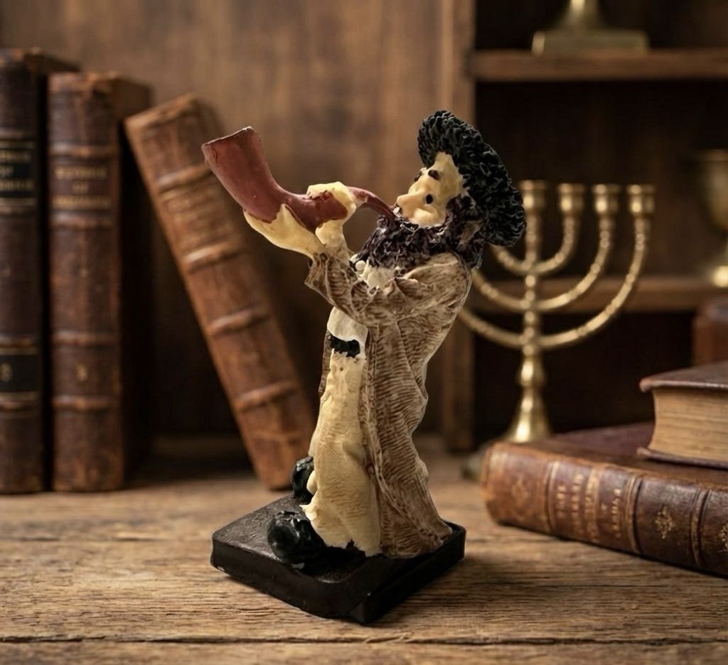 Juwish Rabbi Figurine Bolwing Shofar Handcrafted Judaica Resin Art Decor Statue