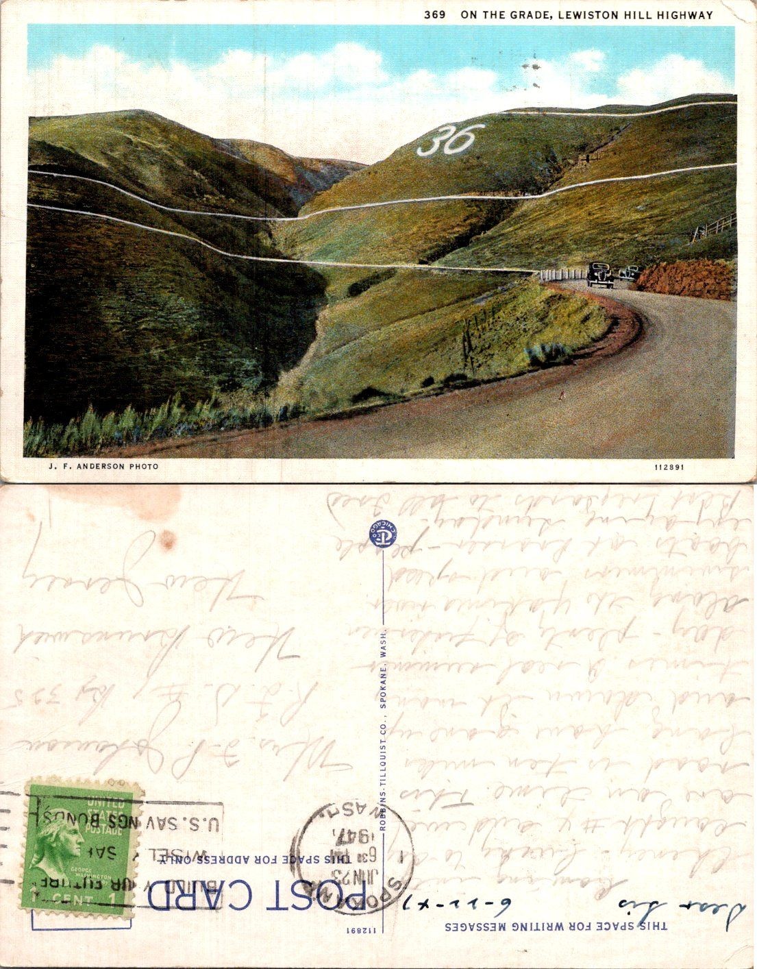 Lewiston Hill Highway Postcard On The Grade Lewiston ID 1947 Mailed Vintage