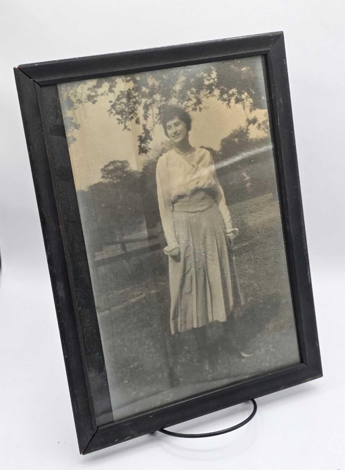 ​Antique Framed Photo Portrait Woman Outdoors 1910s Black Wood Frame 12x9”