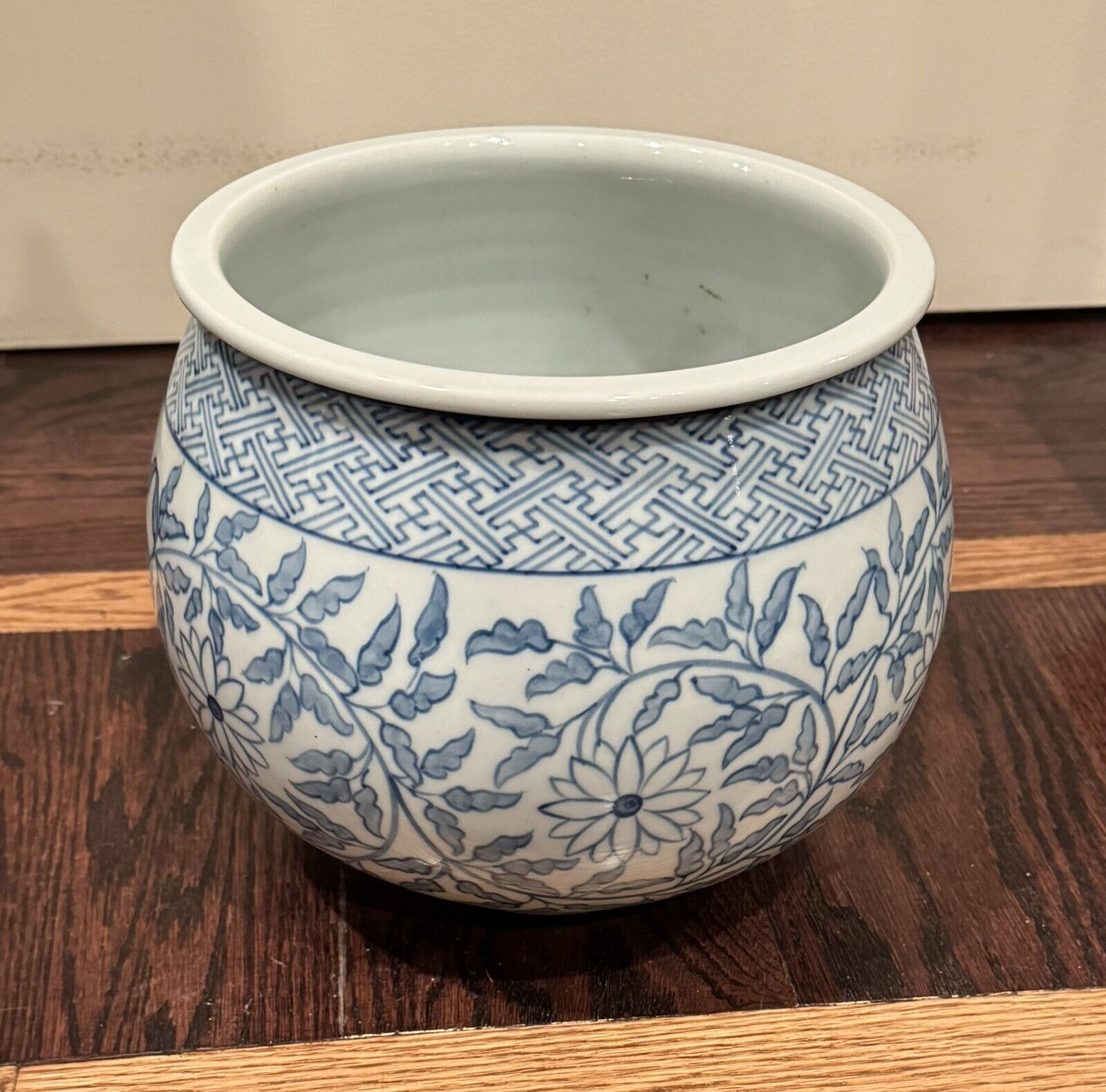 Chinese Vase Floral Blue & White Porcelain Fish Bowl Bohemian Planter Pot SIGNED