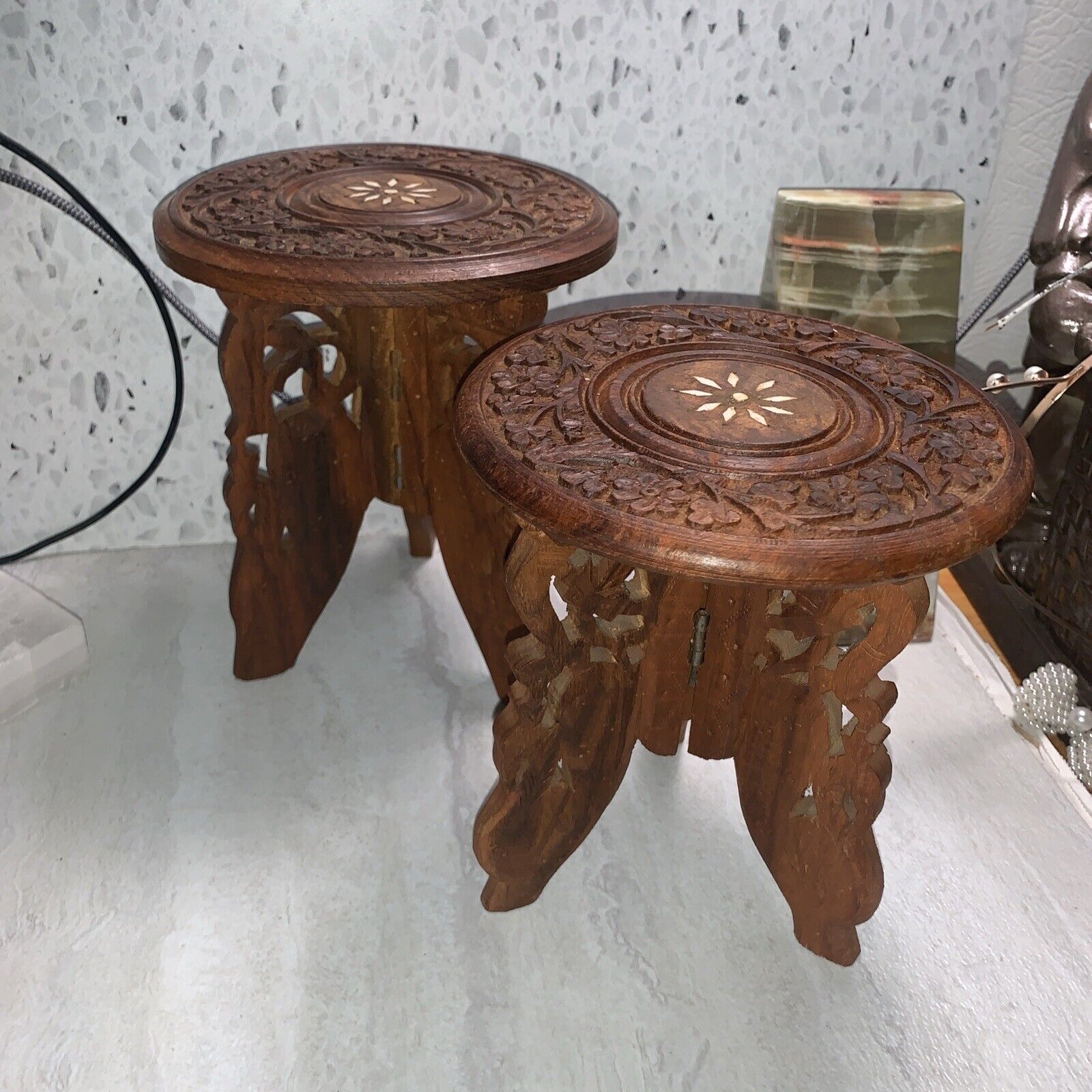 Vintage Pair Wood Table Mid Century Hand Carved Sheesham -Engraved Indian Old