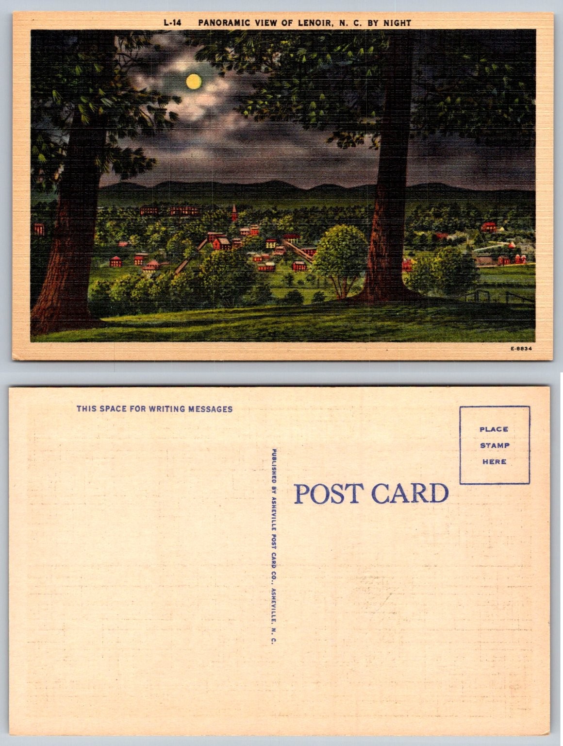 Vintage Lenoir NC Night View Postcard Asheville PC Co Linen Style Moon Trees