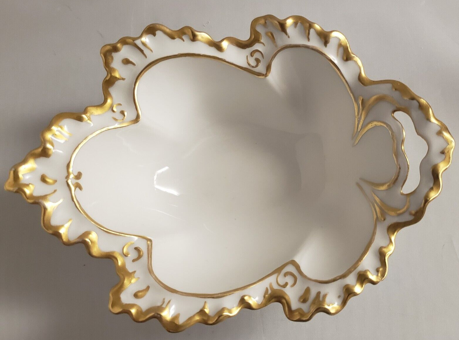 Antique Moritz Zdekauer MZ Austrian White and Gold Leaf Porcelain Dish 1884-1909