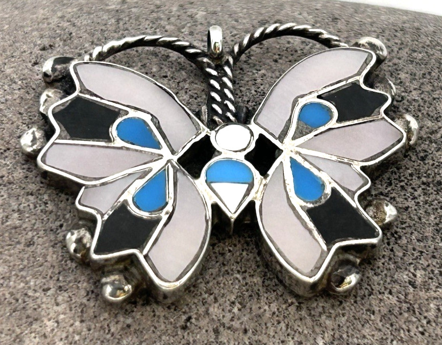Vintage Navajo Butterfly Pendant Jet Shell Turquoise signed B B Bernice Bonney