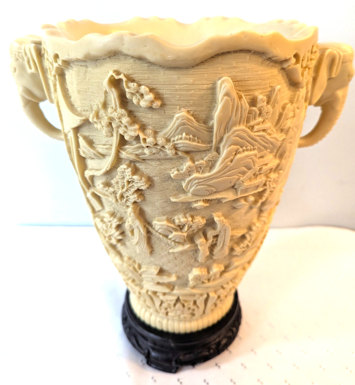 Vtg-3D-Asian Faux Ivory/Carved Resin Vase-Scenic Pagoda-Elephant Handles- 12\