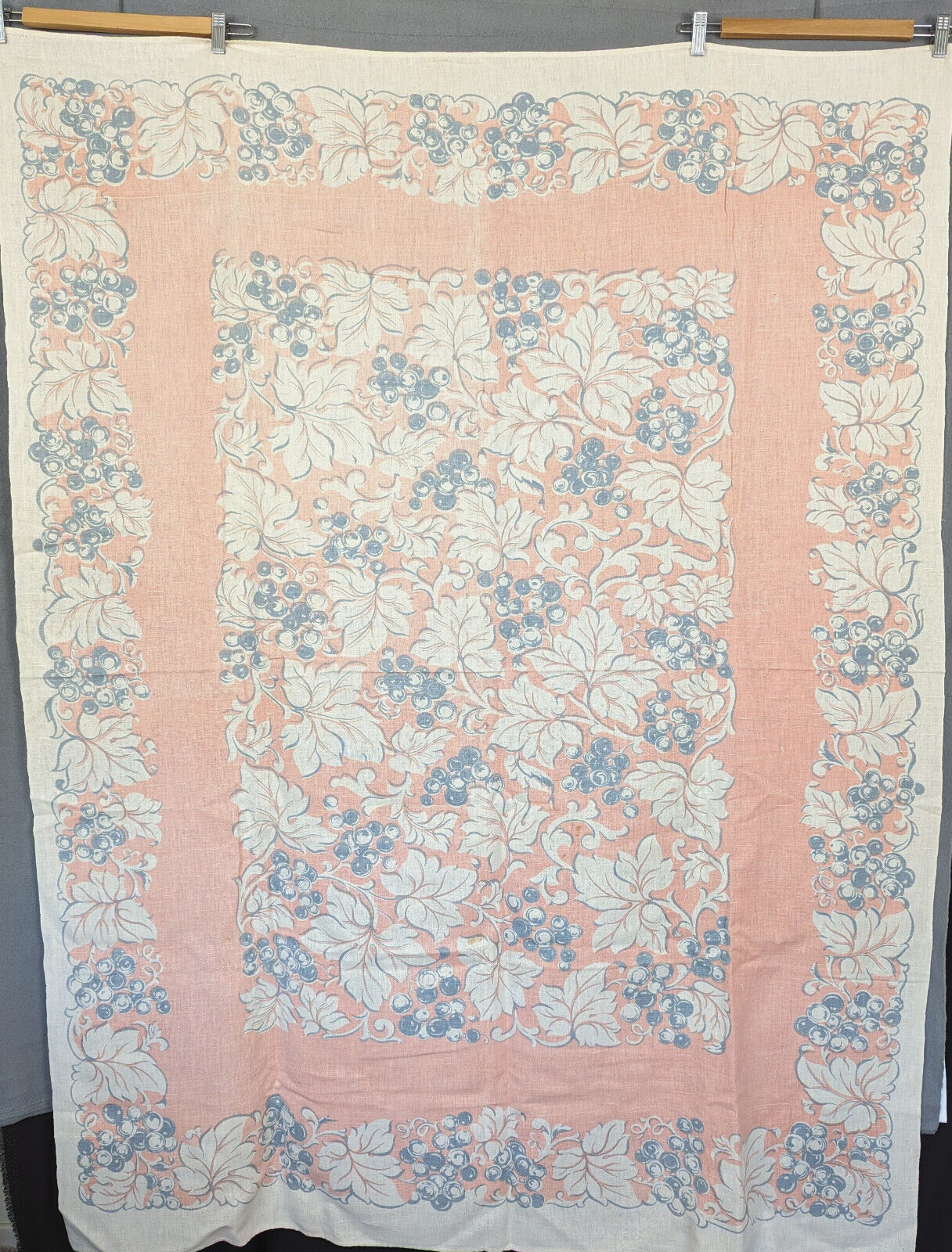 Mid Century Vintage Linen Tablecloth Pink Blue White Rectangle 62.5