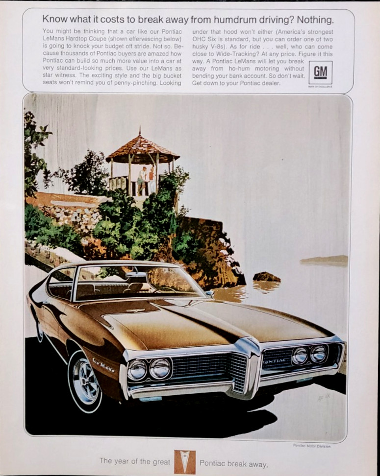 Pontiac Lemans Hardtop Coupe Original 1969 Vintage Print Ad Wall Art
