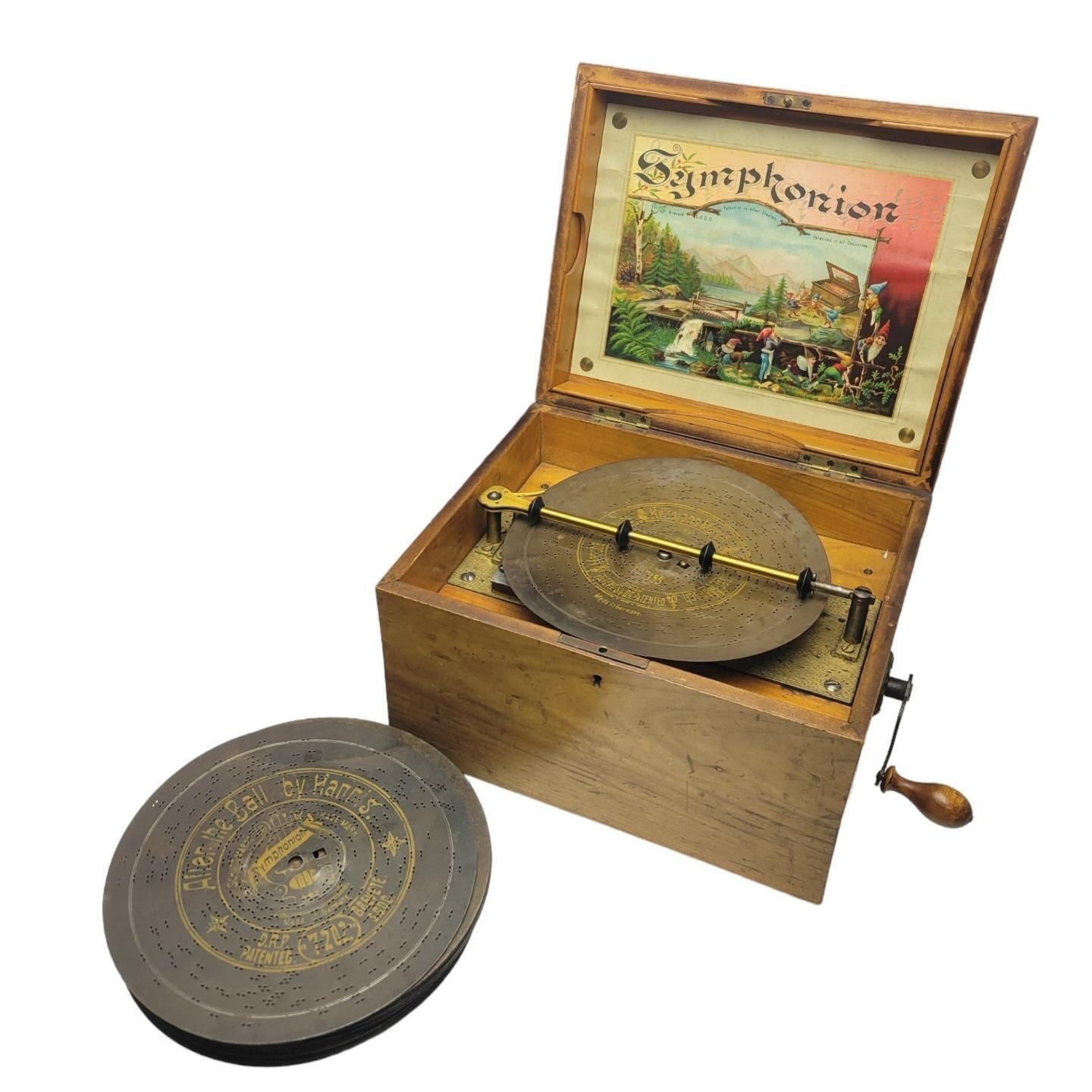 Antique German Symphonion Disc Music Box Player w/ (18) 7 5/8