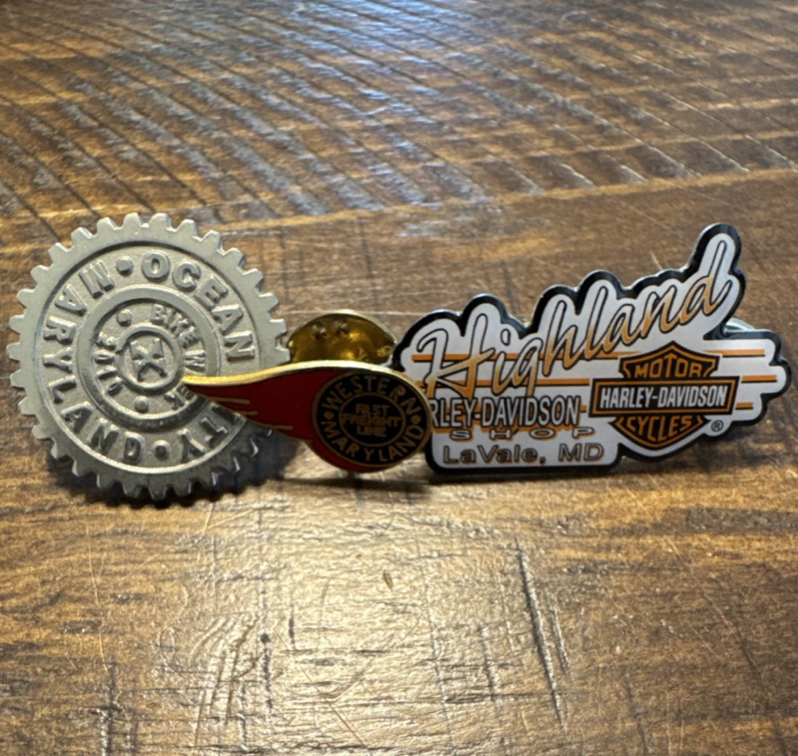 Harley-Davidson & Western MD Train Lot of Three Pins: LaVale, Ocean City