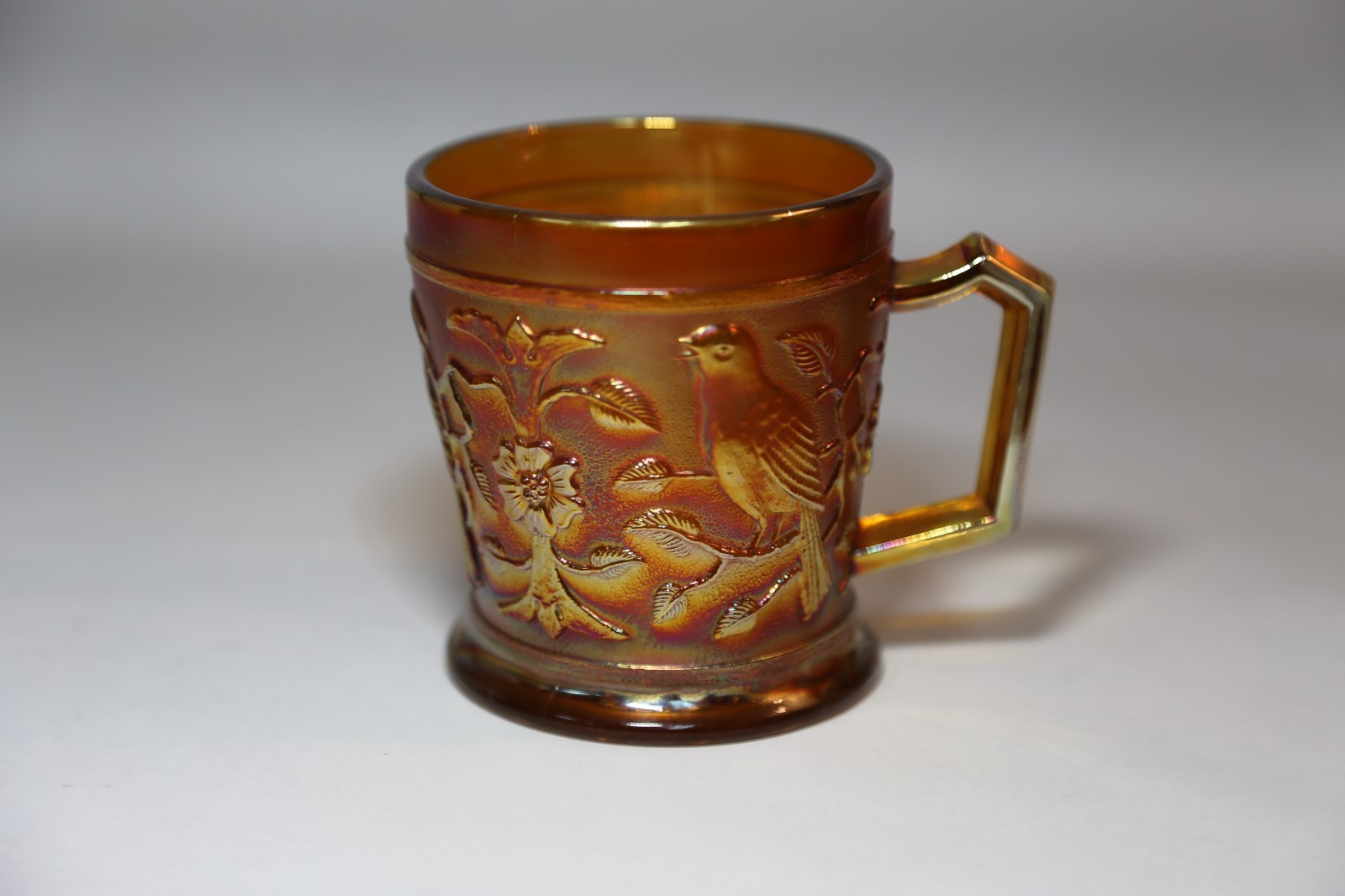 Marigold Carnival Glass Mug ~ Bird On Branch Handled Glass