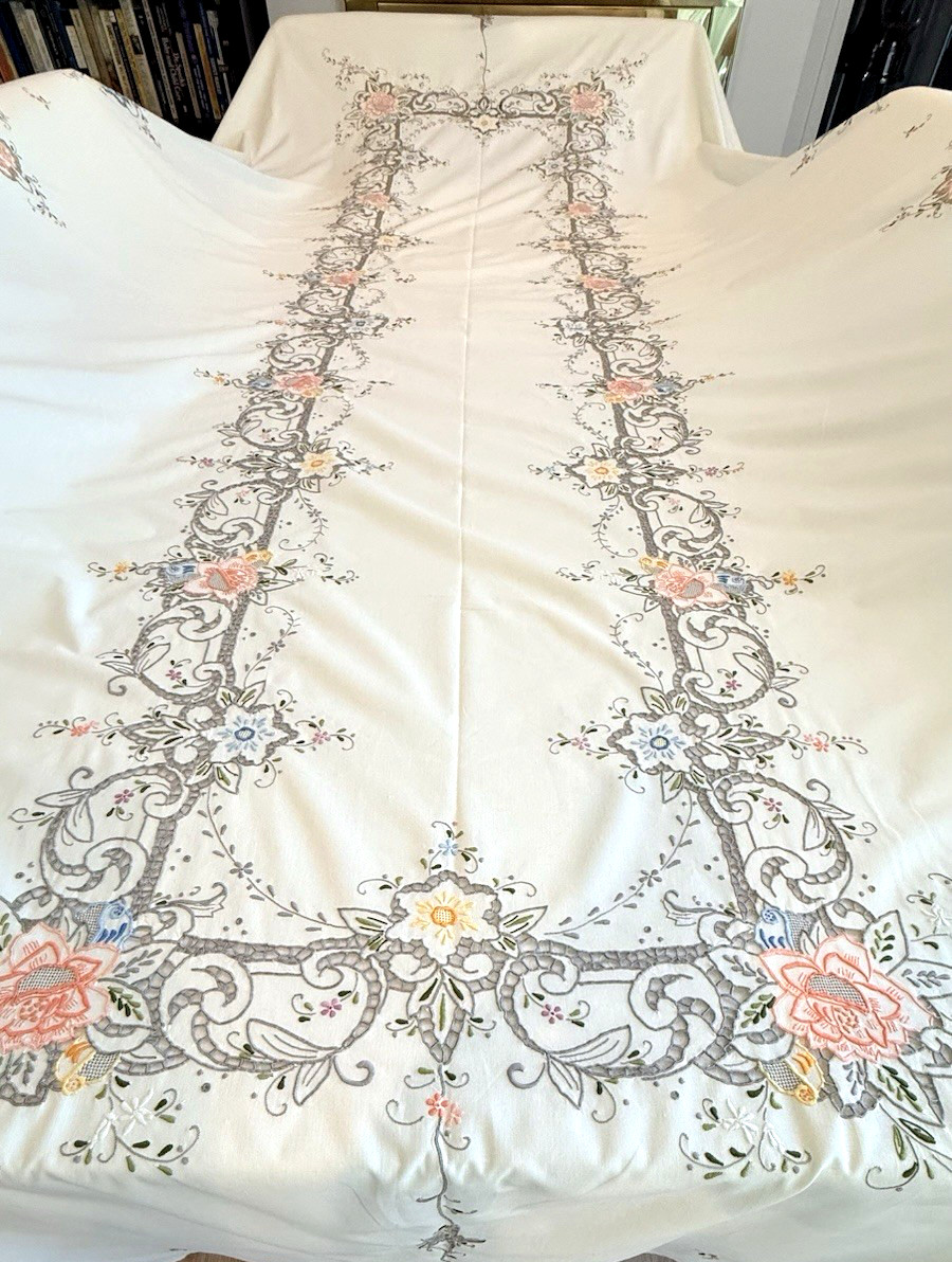 Vintage HAND Embroidered Tablecloth LARGE Banquet Multi Color  130\