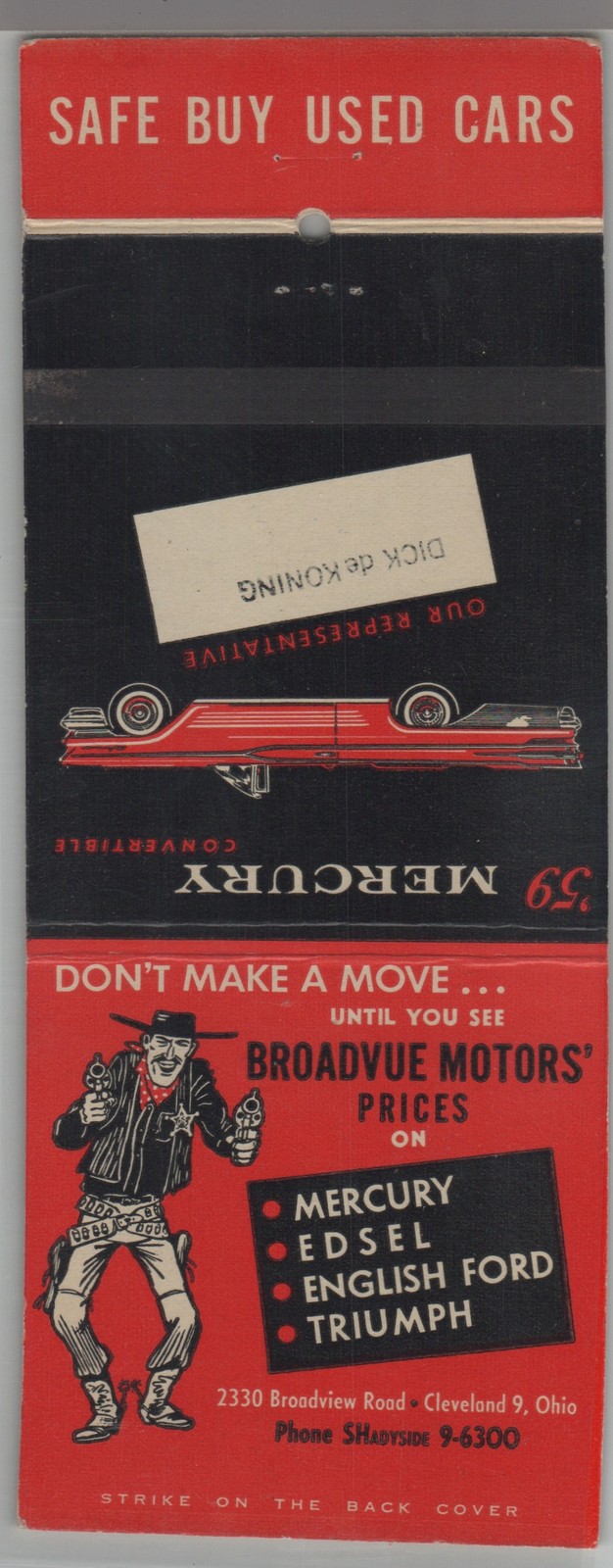 Giant Matchbook Cover 1959 Mercury Convertible Broadvue Motors Cleveland OH