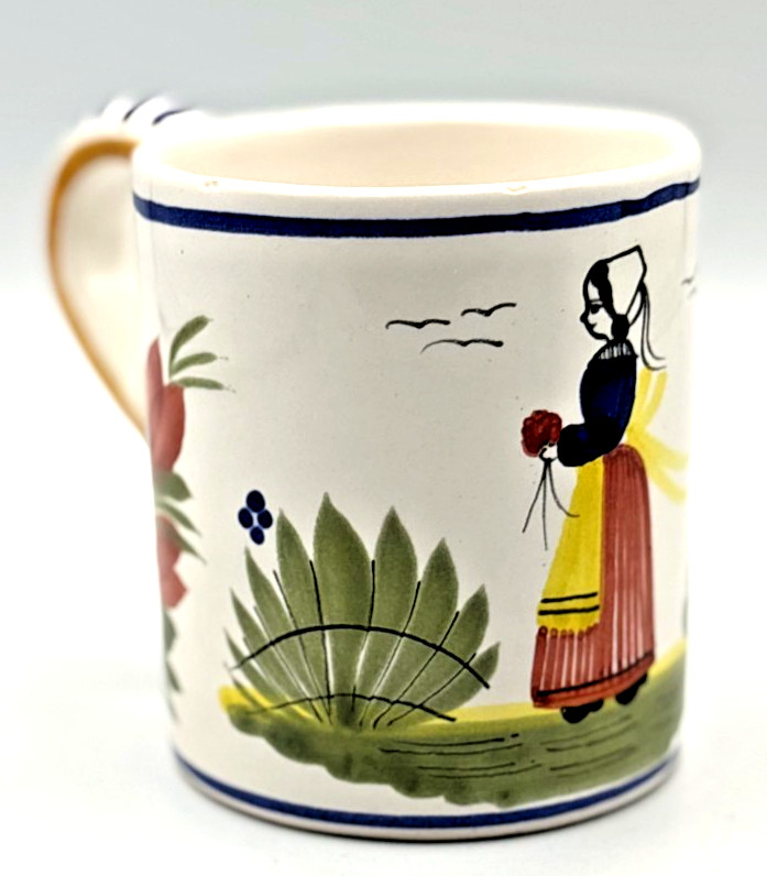 Vintage HB Quimper France Hand-Painted Faience Mug - Breton Woman (1968-1983)