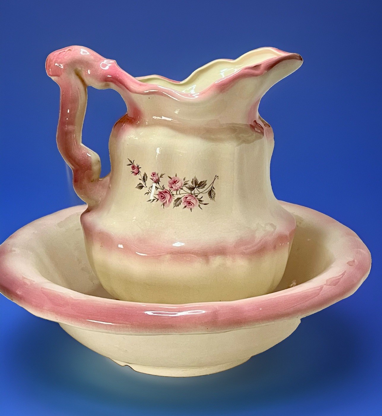 Vintage Arnel's Pottery Pink & Cream Wash Pitcher & Basin Set Floral Roses 1970s