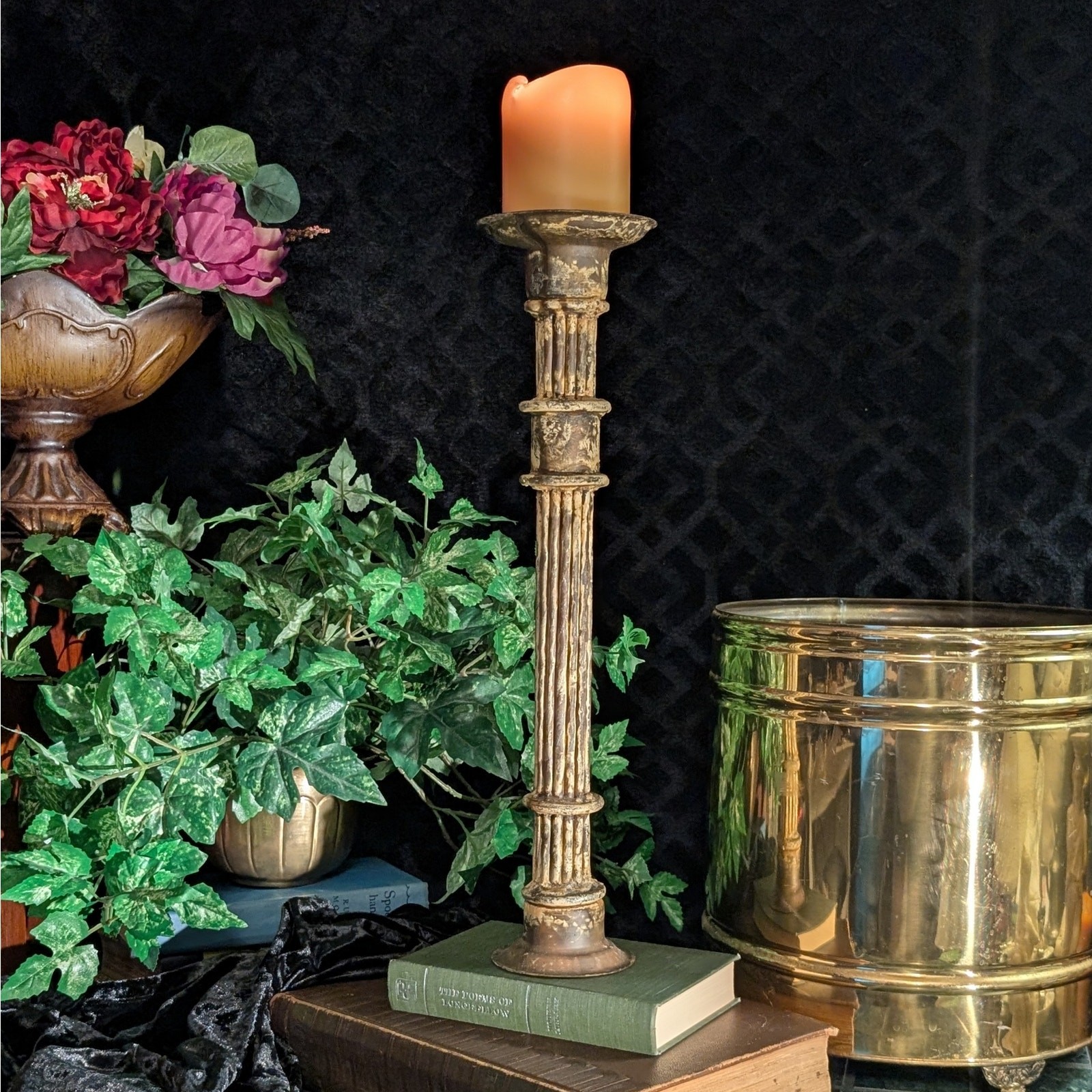 Antique Style Candlestick Heavy Patina Old World Column Restoration Style Decor