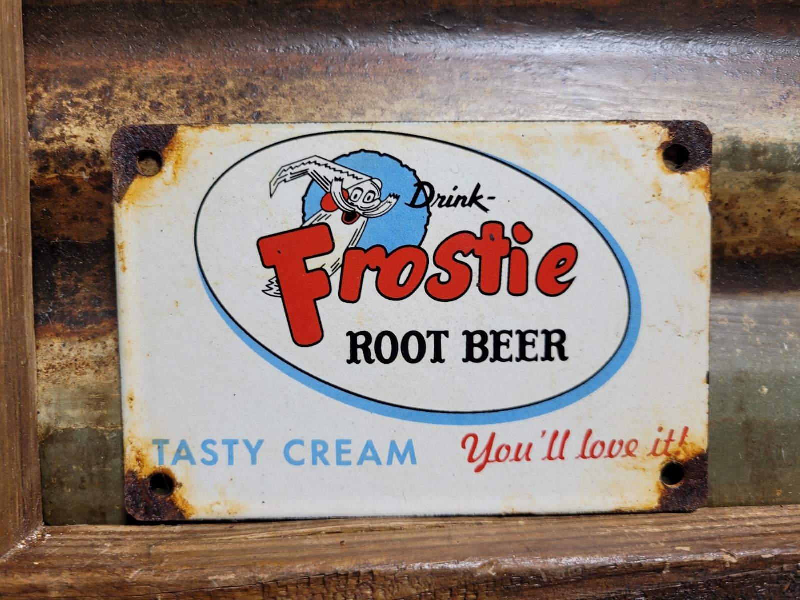 VINTAGE FROSTIE PORCELAIN SIGN ROOT BEER DOOR PUSH COLA SODA BEVERAGE POP DRINK