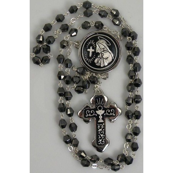 Damascene Silver Rosary Cross Virgin Mary Black Beads by Midas of Toledo Spain