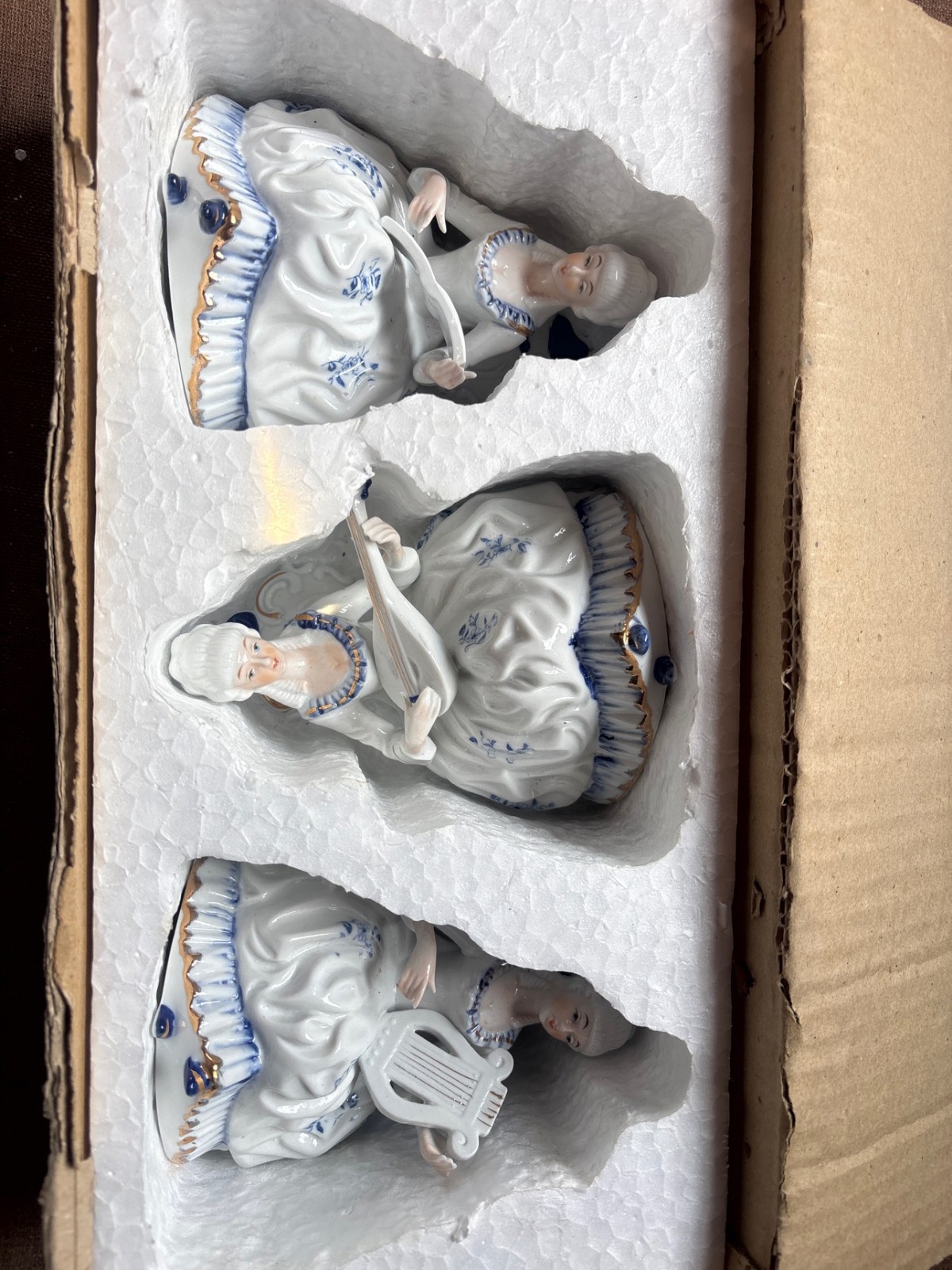 Porcelain Colonial Musician Ladies Set of 3 Blue White Gold Trim Harp Mandolin