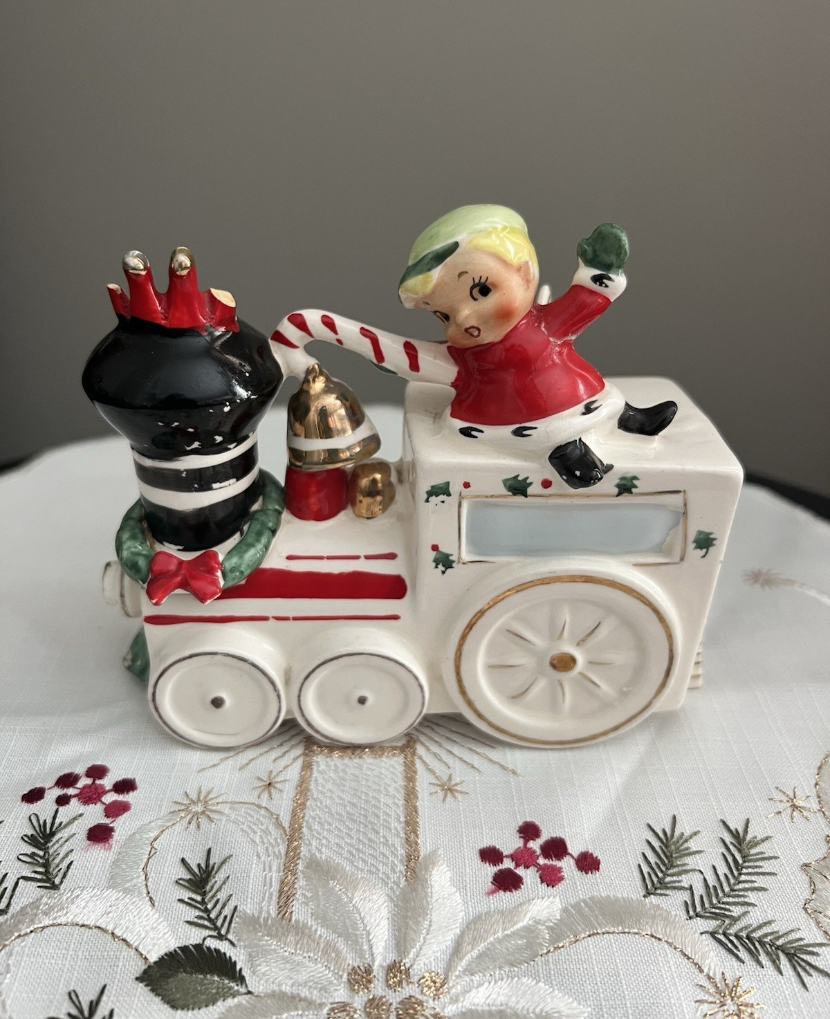 Vtg Christmas Ceramic Angel Boy with Candy Cane On Train Bank - AS IS