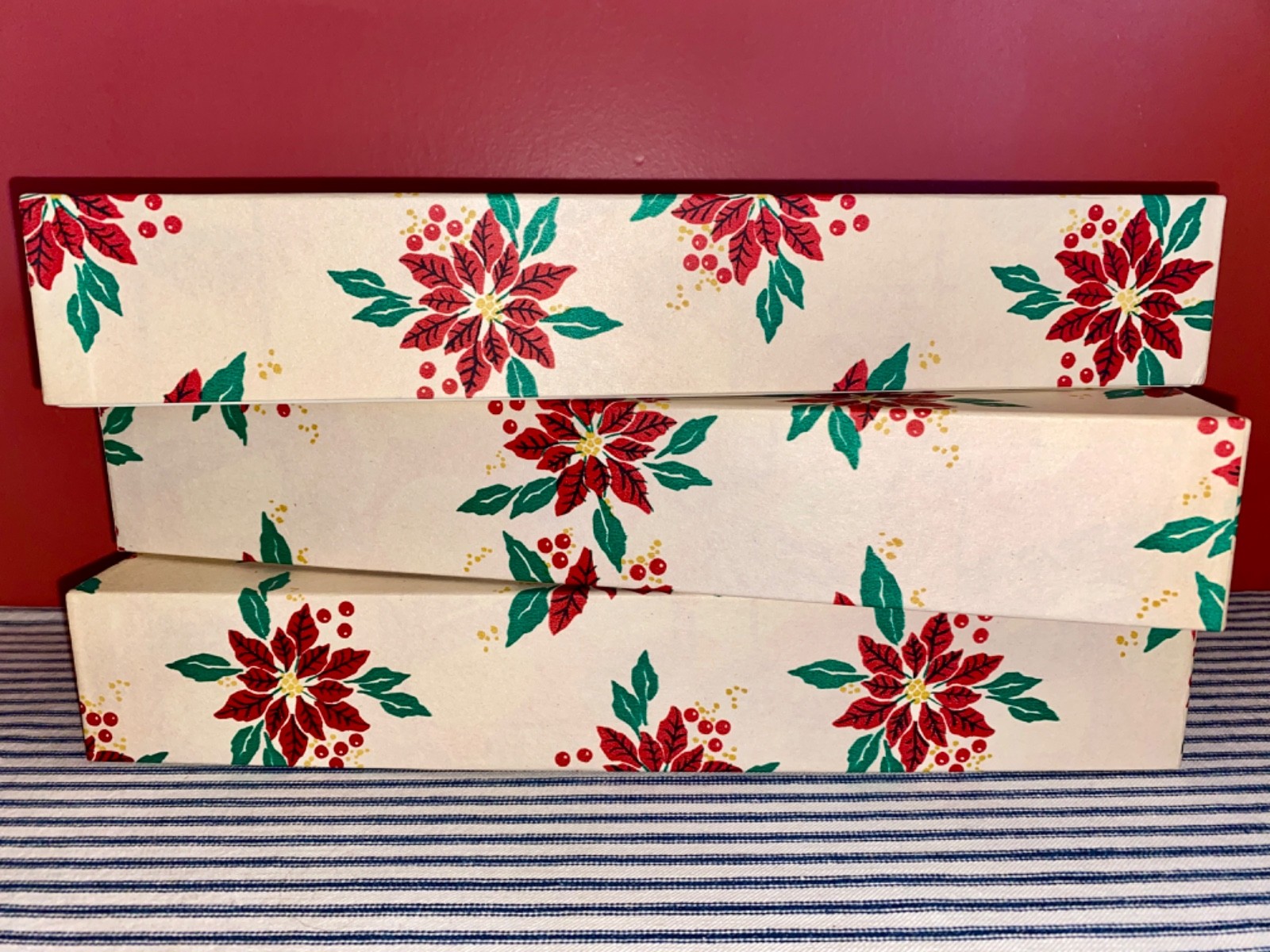 3 Vintage 1950's Poinsettia & Holly Paper-Covered Christmas Boxes, Piano Rolls?