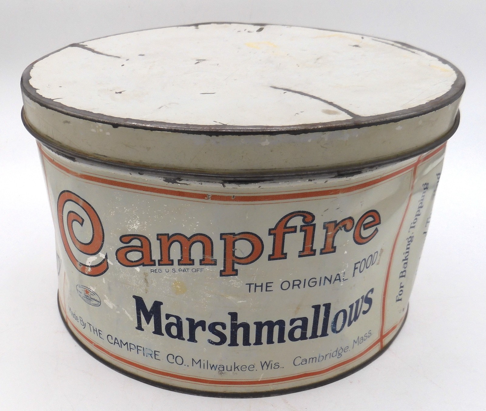 Large 1920-30s Antique Campfire Marshmallows 5 LB Tin Milwaukee WI Vintage Worn