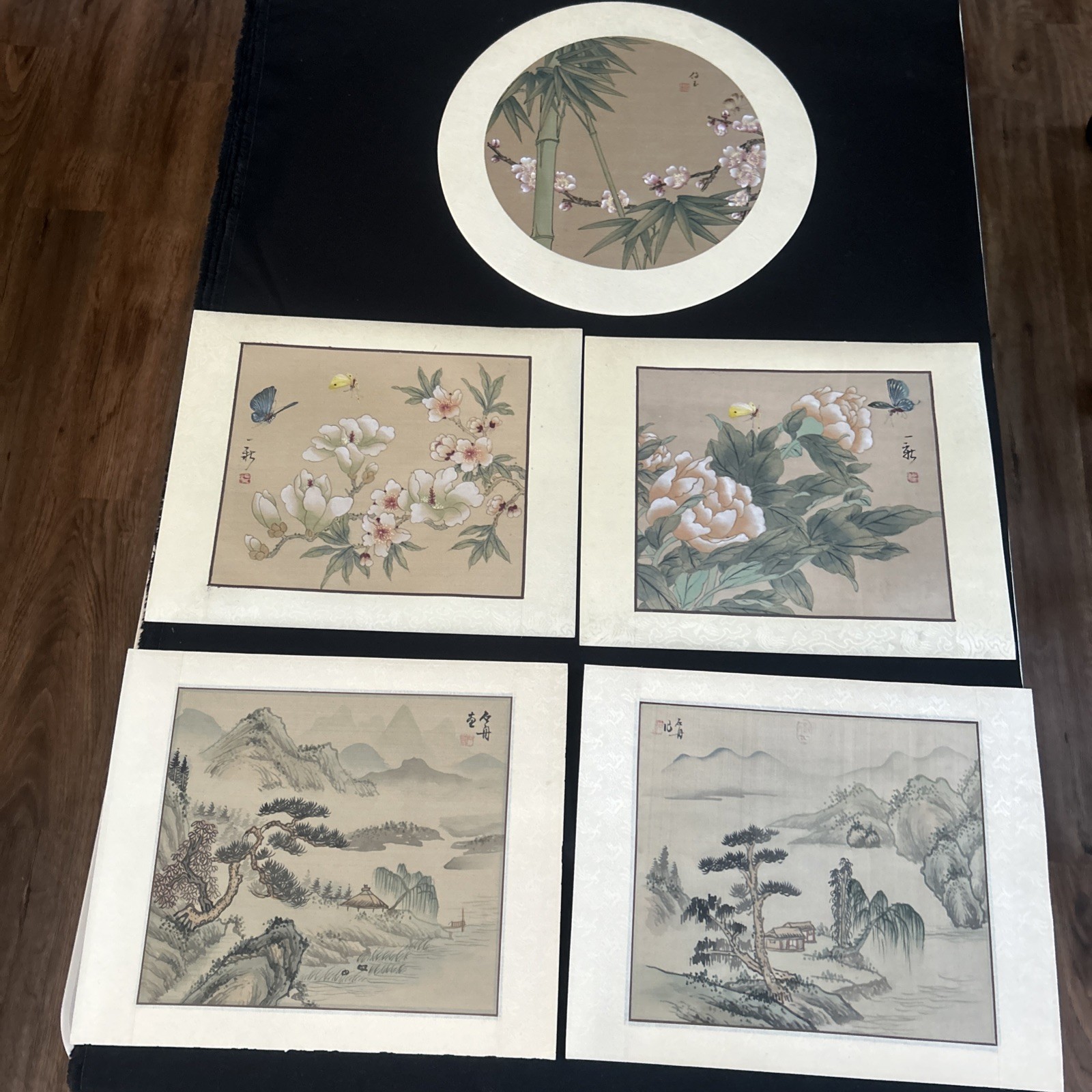 Vintage Chinese Art Prints Set of 5 Silk Faced Board Birds Flowers CAC Hong Kong