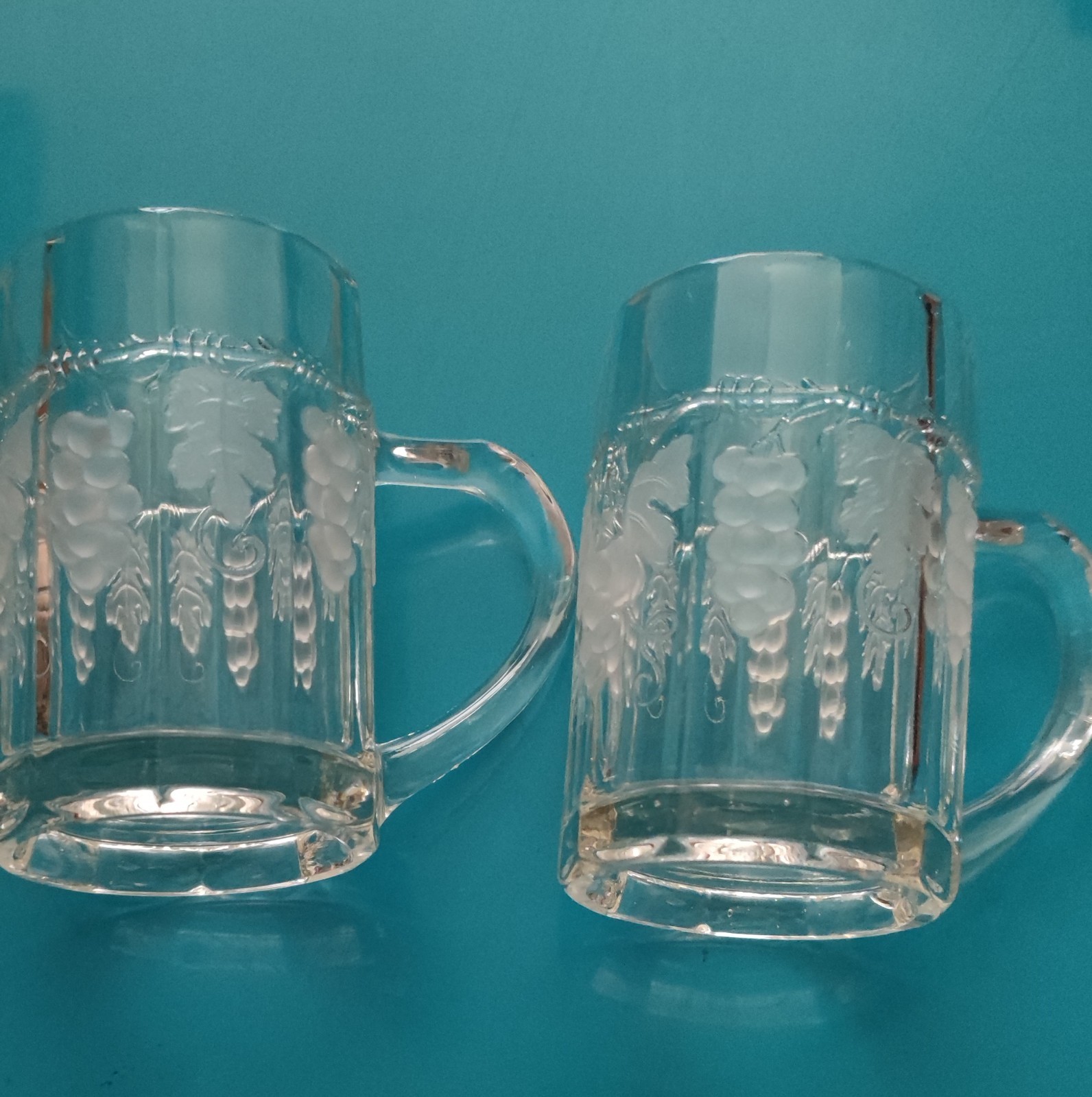 Antique Czech Bohemia Pressed Glass Beer Mugs Grapes with Grape Leaves