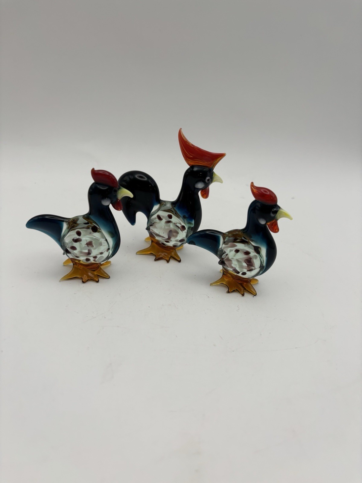 3 Vintage Adorable Miniature Glass Rooster & Chicken Figurines