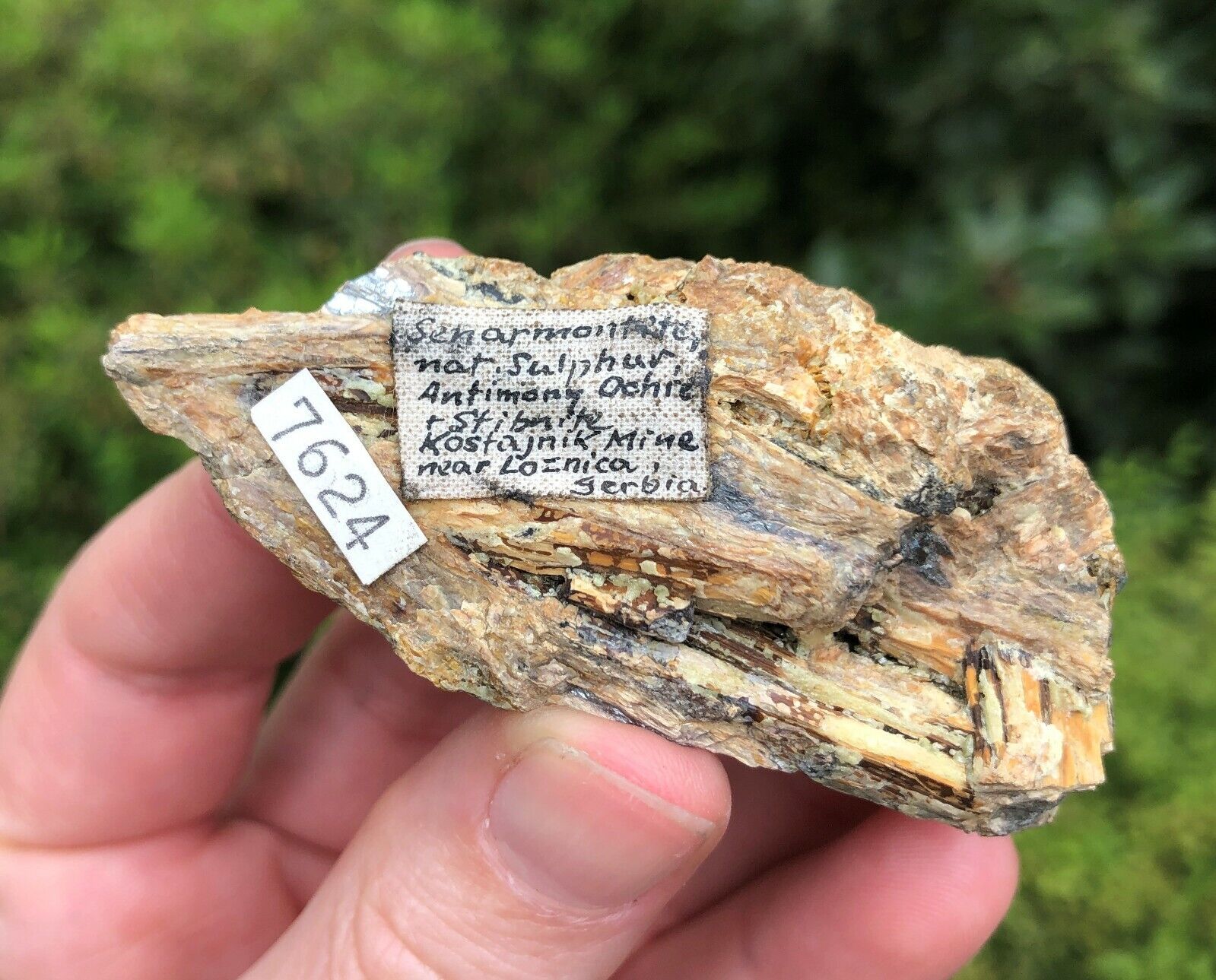 Rare, Old Specimen Senarmontite on Stibnite, Serbia, Old labels Cilen, Conklin