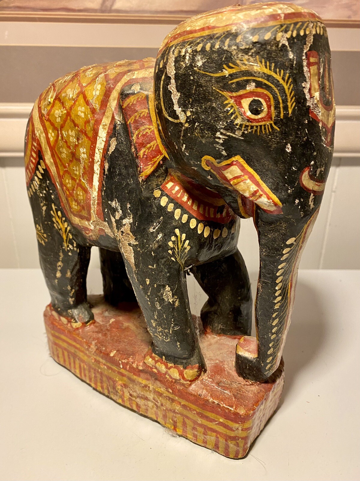 Antique Hand Carved & Painted Wood Elephant Statue Decor Figure 9”H