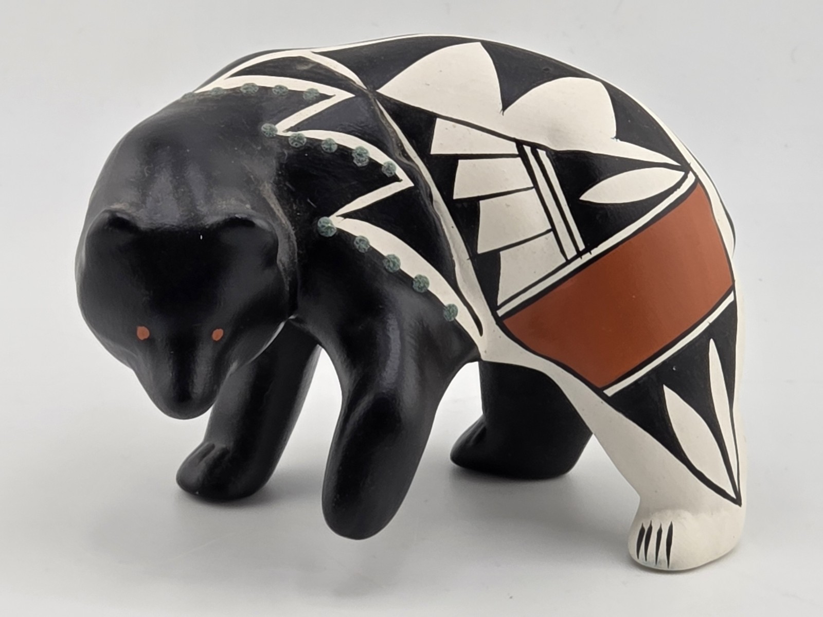 Signed EM Isleta Pueblo Native American Pottery Black Bear Figure Polychrome NM