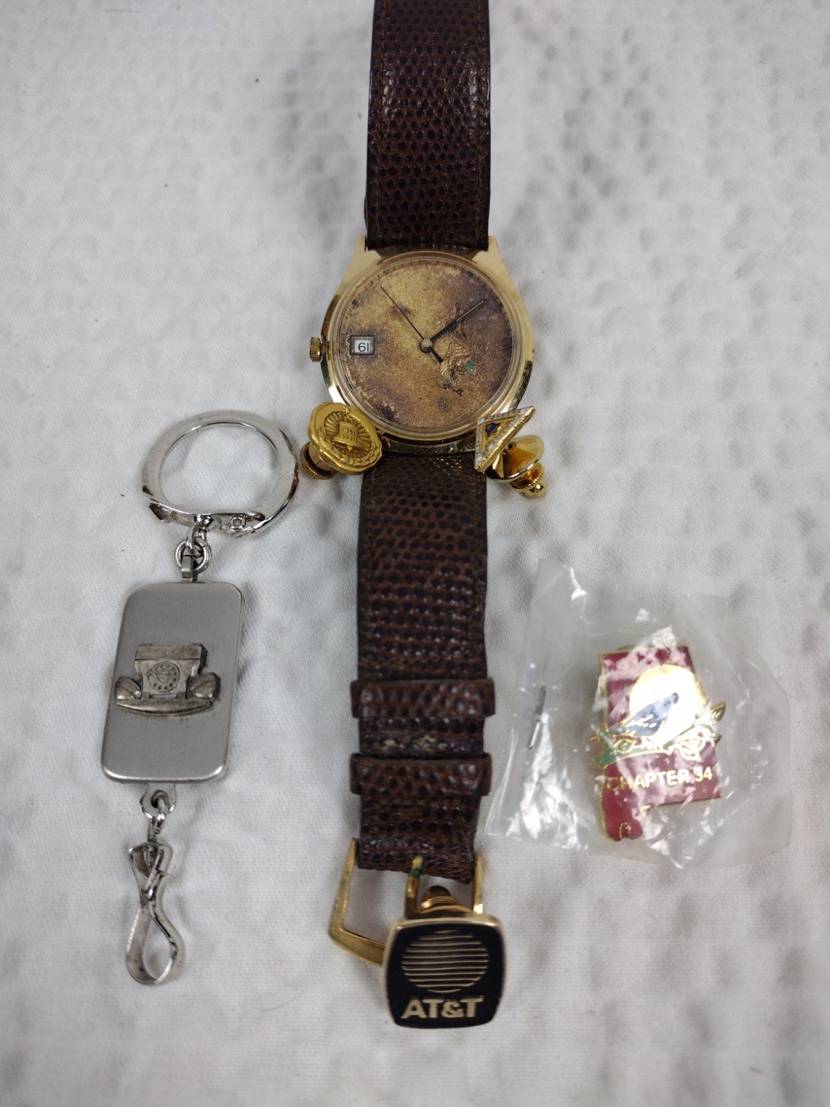 Vtg AT&T BELL SYSTEMS Telephone Lapel Pins Key Ring  Josten Watch Lot Of 6