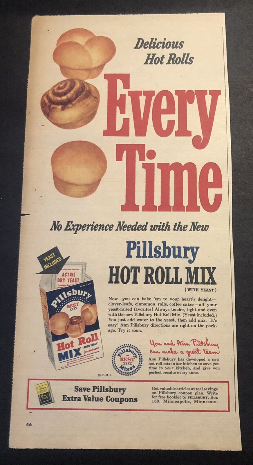 1950’s Pillsbury Hot Roll Mix Colorful Magazine Print Ad
