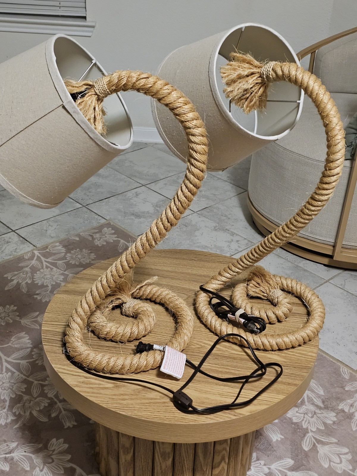 Vintage Coiled Rope Audoux Minet-style MCM Table Lamp set