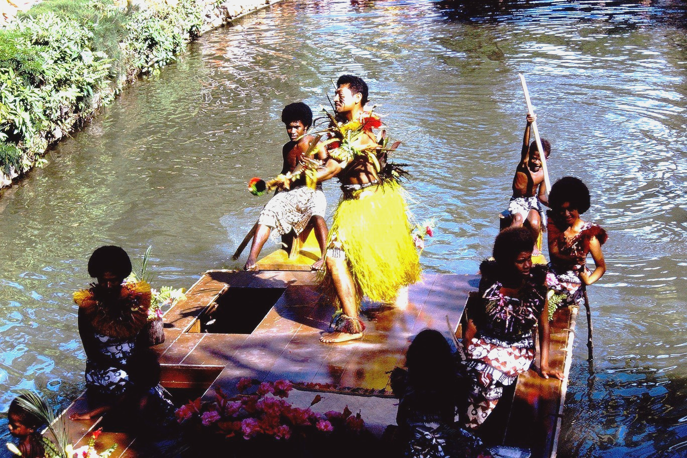 Man on Boat in Pageant of the Long Canoes, Laie Oahu Hawaii: 1970\'s 35mm Slide