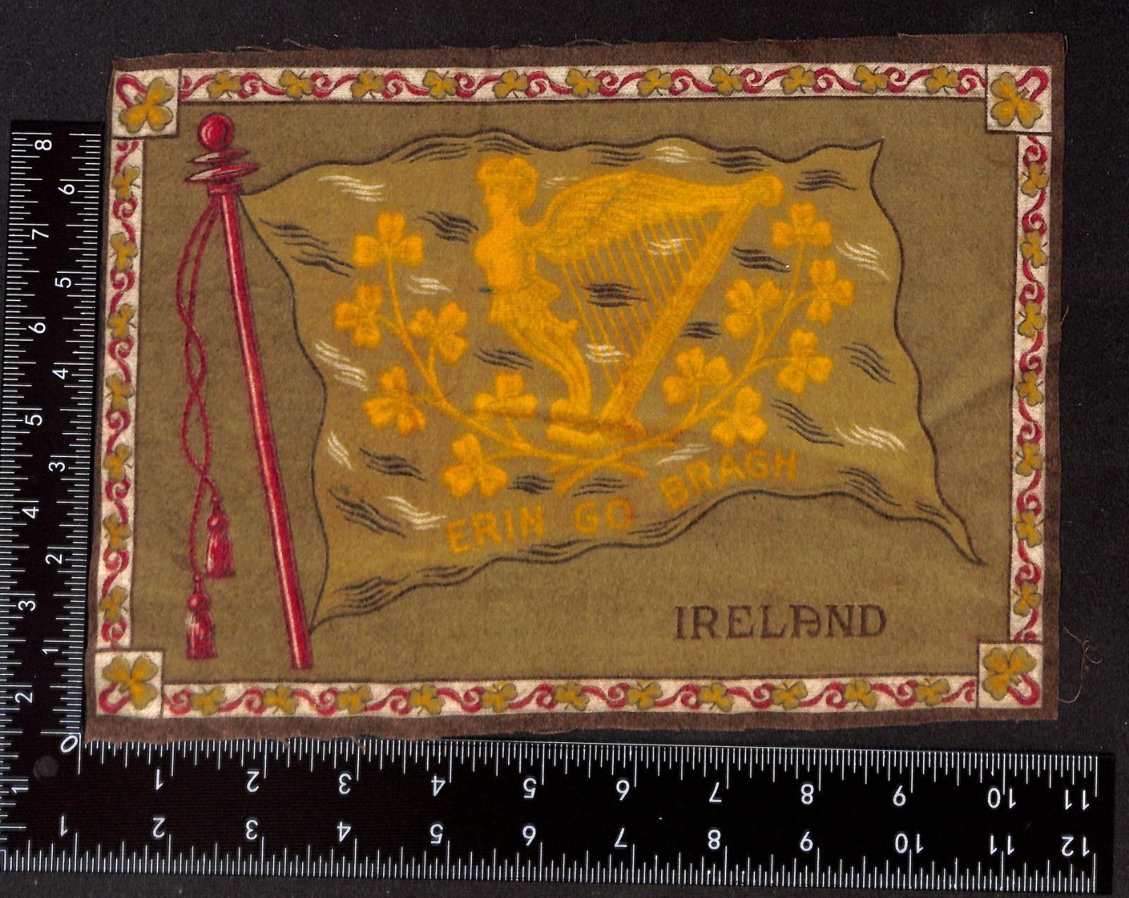 Antique c1910 Ireland Erin Go Bragh Harp Tobacco Felt Flannel Irish Flag