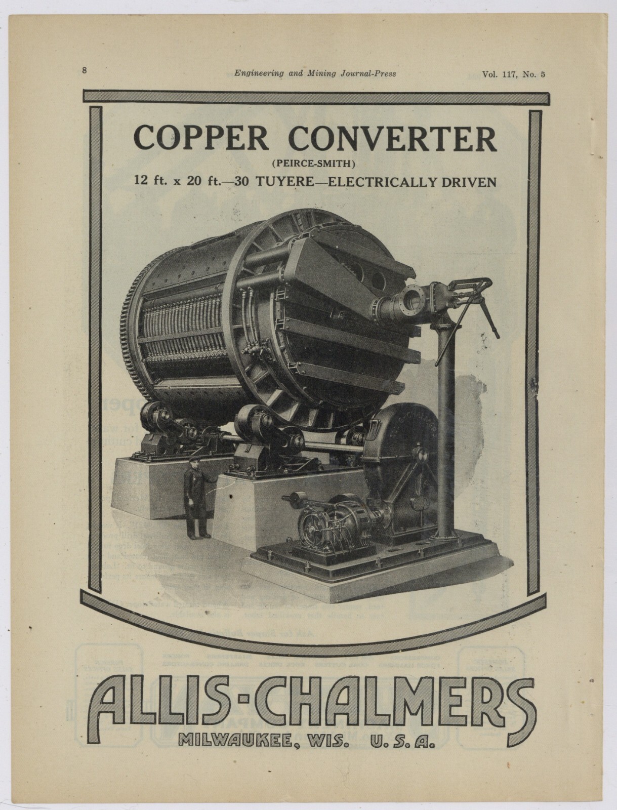 1924 Allis Chalmers Ad: Peirce Smith Copper Converter, 30 Tuyere - Electric