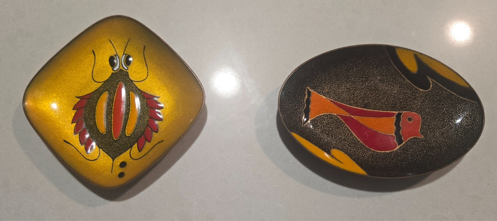 wonderful pair mid-century Miguel Pineda hand painted enamel copper plates