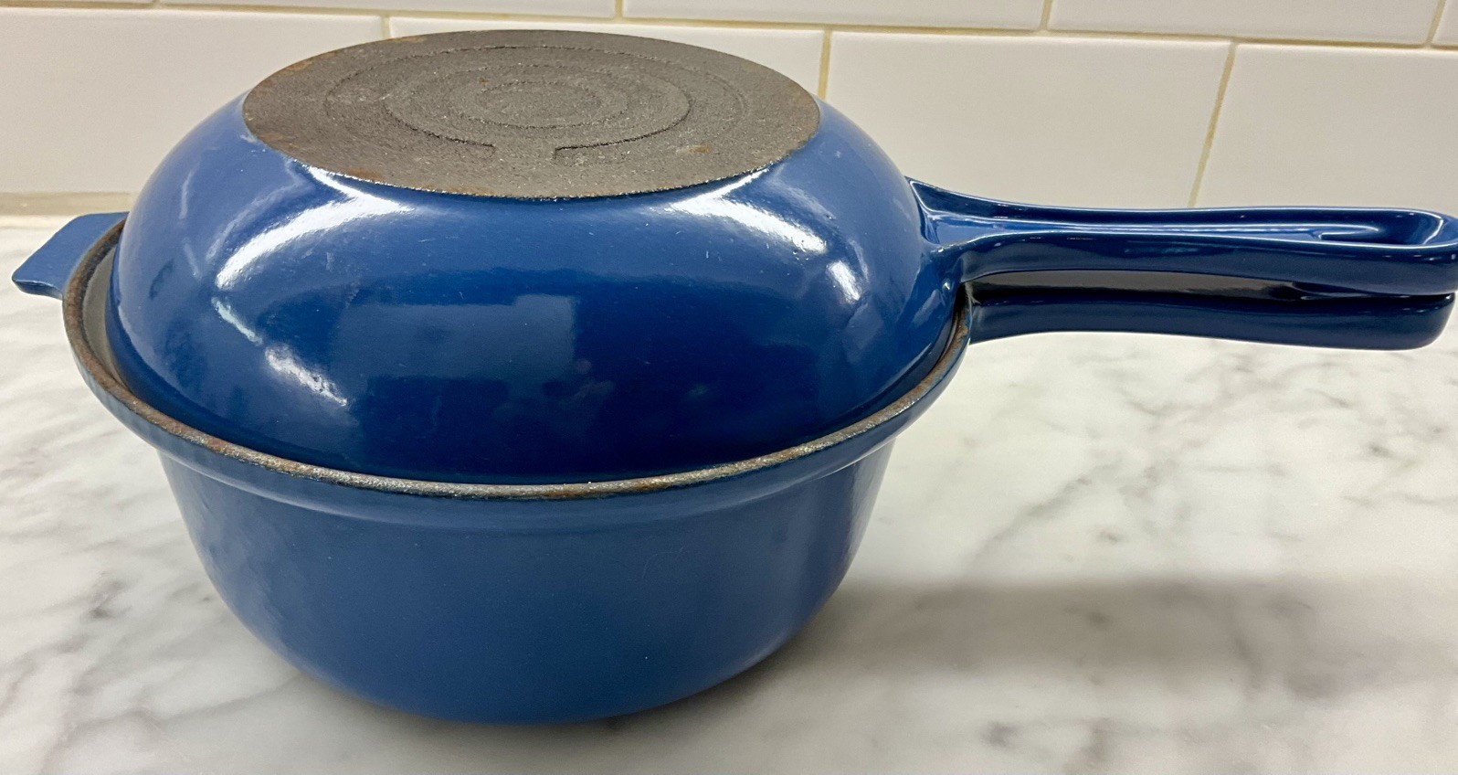 Le Creuset VTG Blue Cast Iron #18 2 in 1 Sauce Pan Skillet Lid 2qt Multifunction