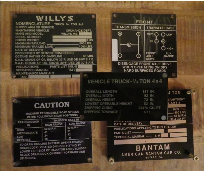 Willys Military Jeep 1944 Aluminum Dash Data Plate Set of 4 + Bonus Bantam Willys Military Jeep 1944 Aluminum Dash Data Plate Set of 4 + Bonus Bantam