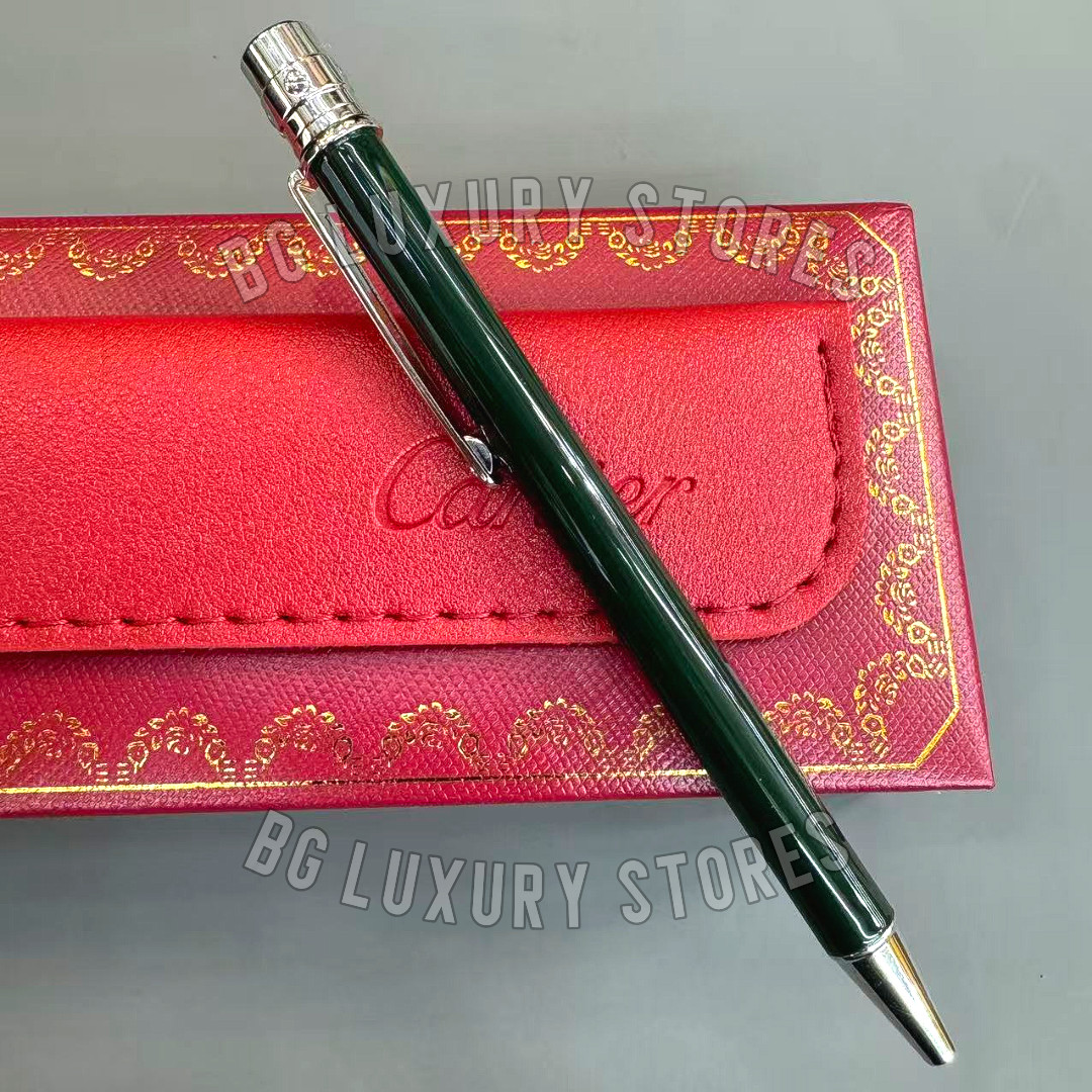 CARTIER Santos Small Ballpoint Pen Black Green Silver Tone Luxury Rare Gift ✨