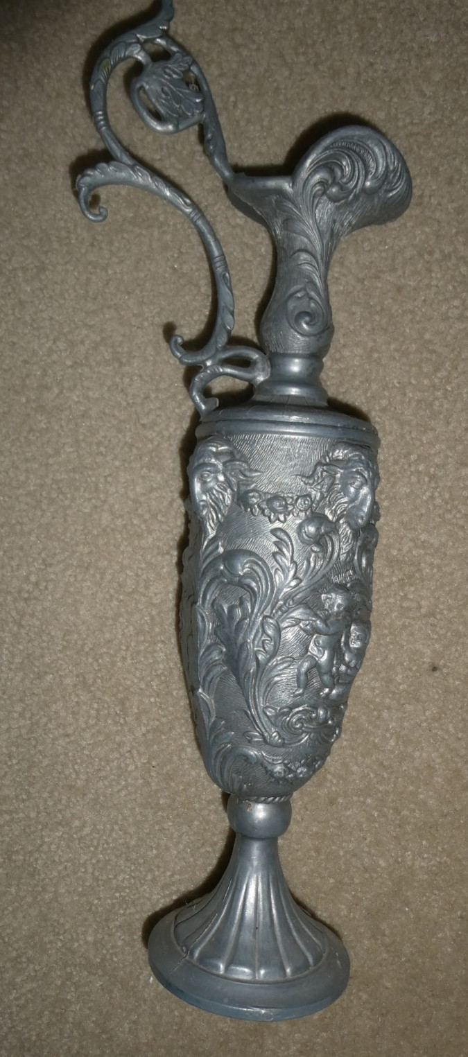 Fancy Vintage 90% Peltrato Pewter 2 Piece Ewer Urn with Cherubs 16\
